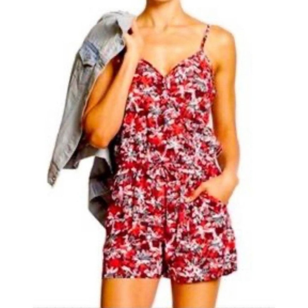 Banana‎ Republic 100% Rayon Red & Black Floral Spaghetti Strap V-Neck Romper XS